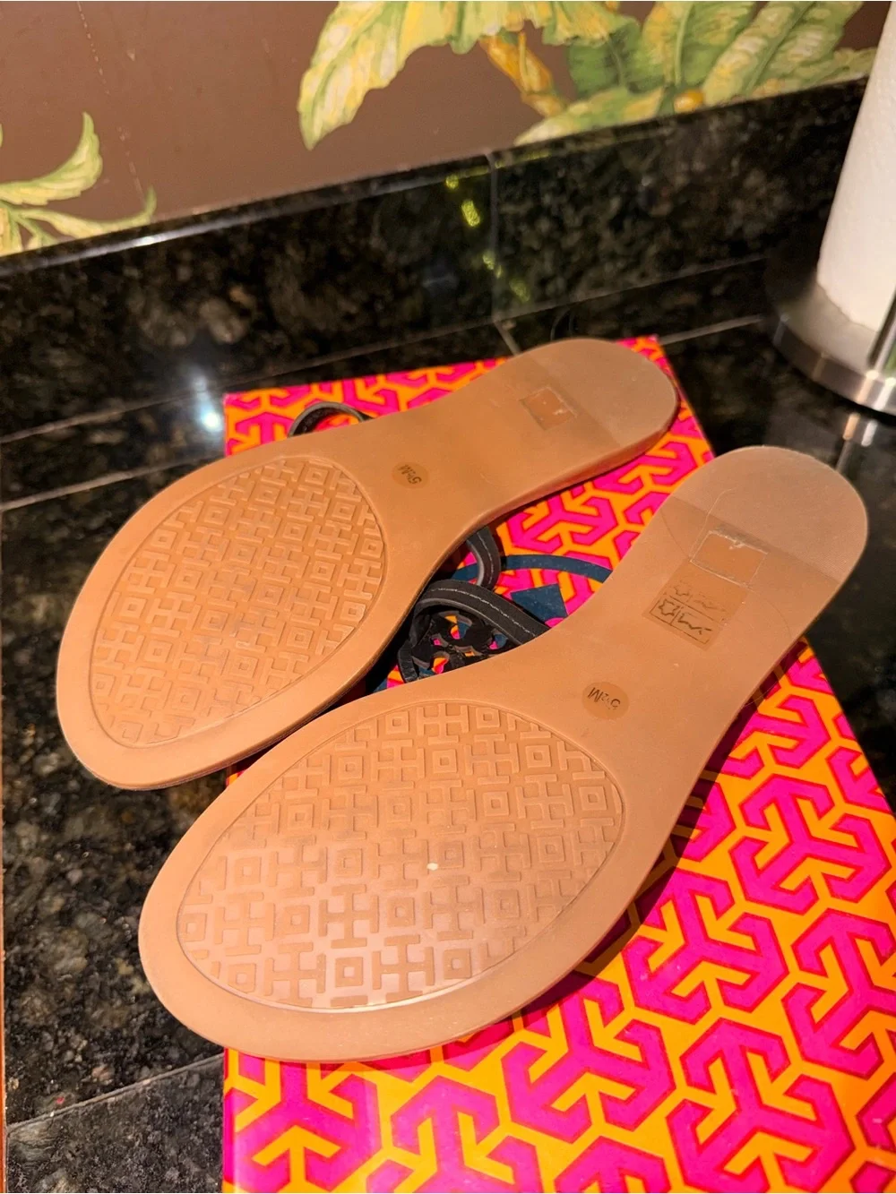 TORY BURCH Black Leather T-Strap Sandals